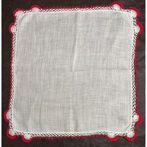 Vintage White Handkerchief With Red & White Crochet Trim 12x12 Inches